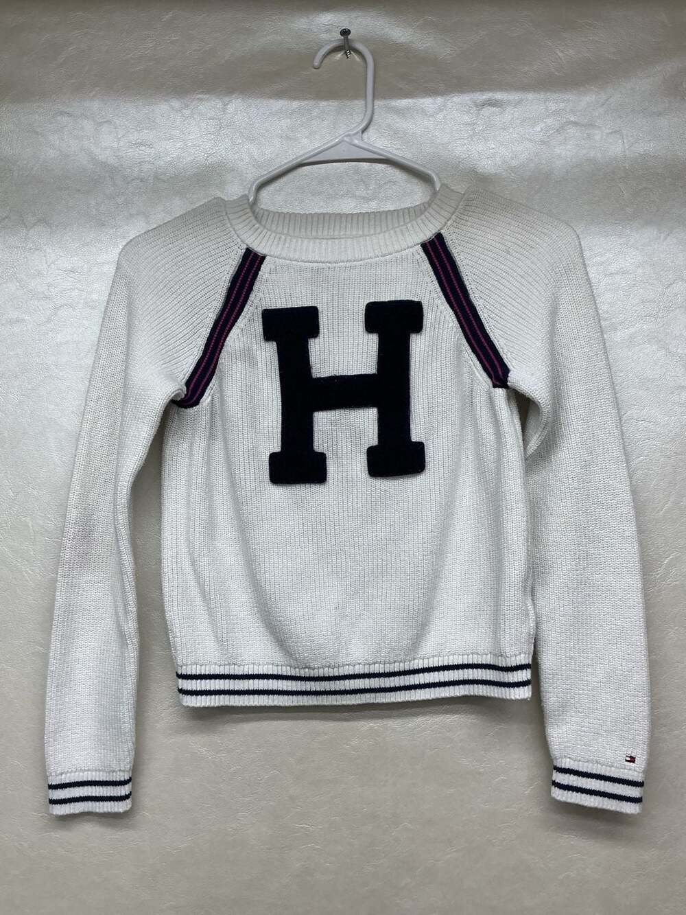 Tommy Hilfiger Girls Varsity Logo Knit Sweater White Navy Red